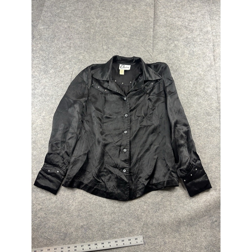 VTG‎ Charm Women L Black Satin Button Up Blouse Dressy Classy Bedazzled Sexy 90s